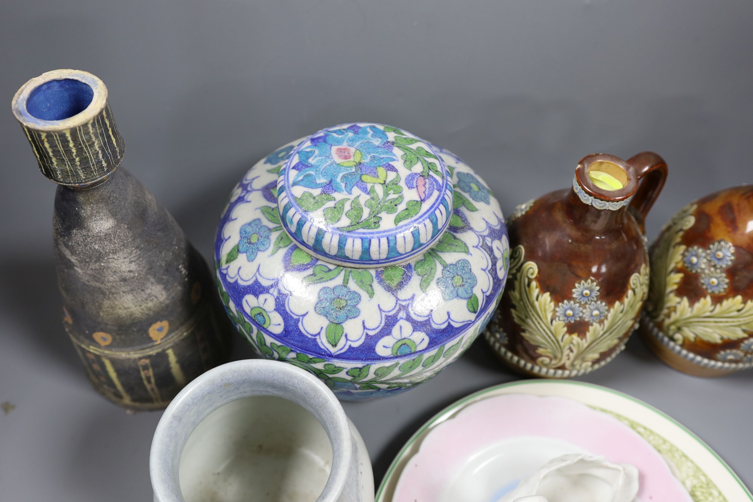 A pair of Royal Doulton whisky flagons, a Ned Hayward 1977 vase, Indian jar and cover etc